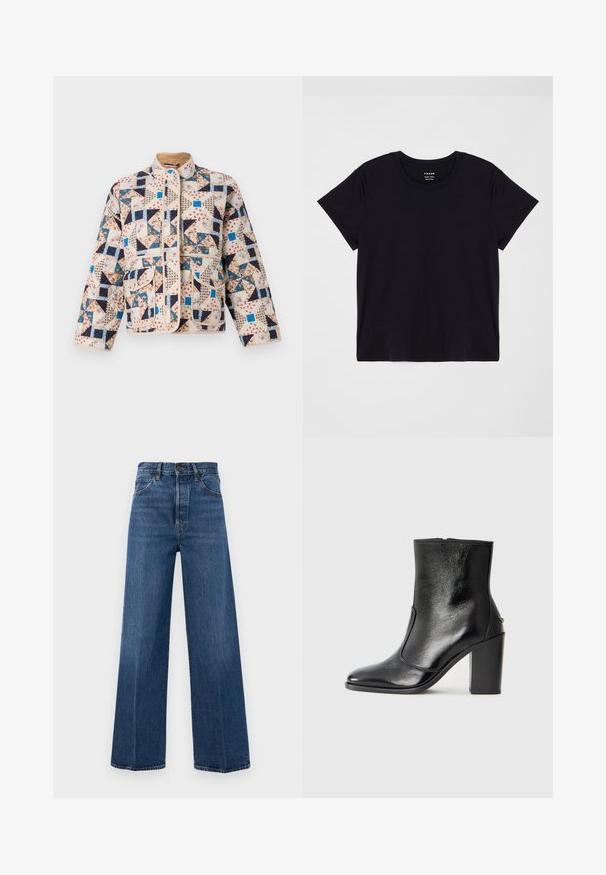 Jachetă matlasată în bej, cu un model patchwork ce include designuri florale și geometrice în nuanțe de navy, albastru și crem. Include două buzunare frontale.; Tricou scurt, negru, din bumbac moale. Design clasic cu guler rotund, cu o suprafață simplă, neimpodobită și o croială lejeră.; Jeans largi de culoare albastră, din denim, cu talie înaltă, buzunare frontale și cusături în contrast. Materialul are o textură netedă.; Botină din piele neagră, cu o textură netedă, vârf ascuțit și toc gros, înalt. Dispune de o deschidere laterală și un design minimalist.