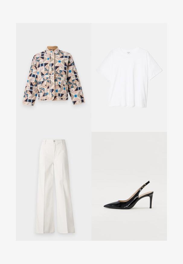 Bež jakna s quilted uzorkom, koja sadrži patchwork dizajn s cvjetnim i geometrijskim motivima u tamnoplavoj, plavoj i krem boji. Uključuje dva prednja džepa.; Bijela pamučna majica s kratkim rukavima, okruglim izrezom, opuštenim krojem i šivenim rubom. Etiketa je vidljiva na unutarnjoj strani vrata.; Bijele široke hlače izrađene od pamuka s glatkom teksturom. Imaju prednji gumb, patentni zatvarač i dizajn s četiri džepa.; Crne lakirane slingback cipele s oštrim vrhom, uskim potpeticama i suptilnim izrezom. Sadrže zlatnu kopču na traku.