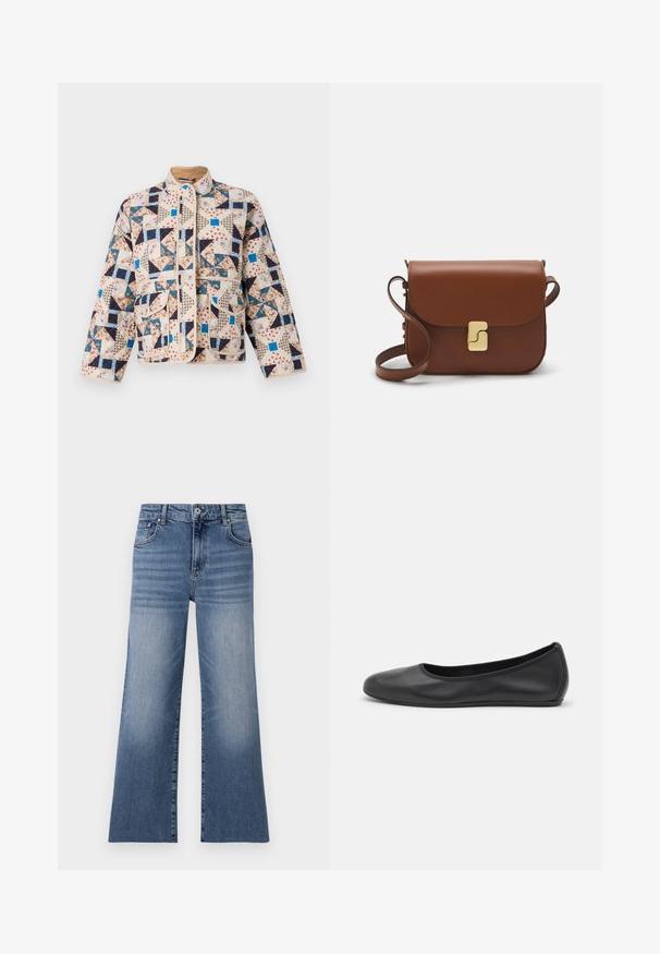 Giacca trapuntata beige, con un motivo a patchwork che presenta design floreali e geometrici in blu navy, blu e crema. Include due tasche frontali.; T-shirt bianca a maniche corte realizzata in tessuto a costine. Collo rotondo, vestibilità regolare e dettagli di cucitura sottili. Senza motivi o grafiche.; Jeans a gamba larga in denim blu chiaro con vita alta, dotati di tasche frontali, chiusura con bottone e un motivo sbiadito sulle gambe.; Pantofole da balletto nere in pelle con punta arrotondata, texture liscia, dettagli di cucitura minimi e design con suola flessibile.; Borsa a tracolla in pelle marrone con chiusura a pattina, hardware color oro, tracolla e una finitura liscia. Forma rettangolare compatta.