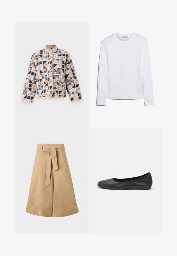 Quiltet jakke i beige med et patchworkmønster, der har blomster- og geometriske designs i marineblå, blå og creme. Inkluderer to forlommer.; Langærmet hvid T-shirt lavet af ribbet bomuld, med rund halsudskæring og lige kant. Simpelt design uden mønstre eller accenter.; Khaki midi indpakningsskørt med bindebånd, lavet af letvægtsbomuld, med en udvidet silhuet og synlige syninger.; Sort læderballetsko med rund tå, glat tekstur, minimal syning og et fleksibelt såldesign.