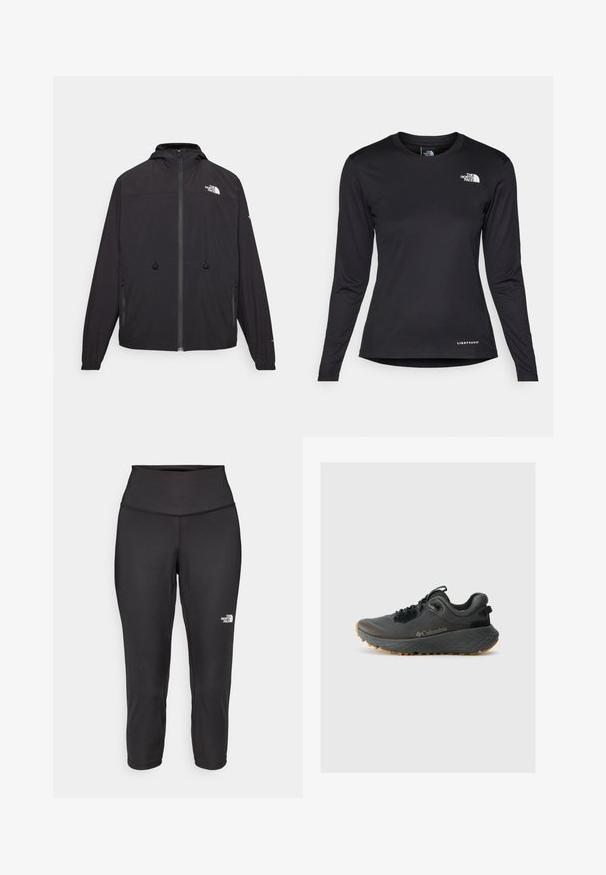 Black lightweight jacket with a hood, front zipper, and two side pockets. Features The North Face logo on the chest and elastic cuffs.; The North Face SHADOW LONG SLEEVE - Long sleeved top - black; Black capri leggings made from stretchy fabric, featuring a high waistband and a small white logo on the left side. Smooth texture.; Columbia TERRASTRIDE CRZ - Hiking shoes - shark/black