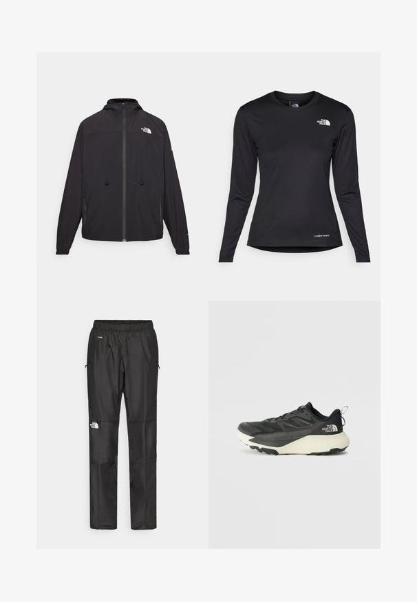Fekete, könnyű dzseki kapucnival, elől cipzárral és két oldalsó zsebbel. A mellkason a The North Face logója látható, valamint rugalmas mandzsetták.; The North Face SHADOW LONG SLEEVE - Hosszú ujjú felső - black; Fekete vízálló nadrág könnyű anyagból, rugalmas derékkal, oldalsó zsebekkel és logóval a bal lábon.; Fekete sportcipő, texturált felsőrésszel, szürke kiegészítőkkel és fehér középtalppal. Húzófüllel és kiemelkedő márkalandírral a sarkán.