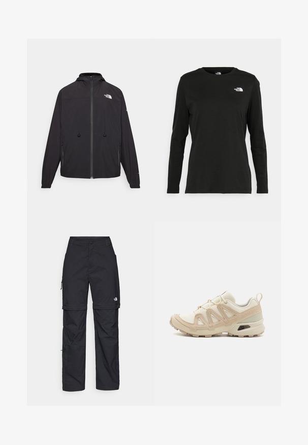 Sort letvægtsjakke med hætte, frontlynlås og to sidelommer. Har The North Face-logoet på brystet og elastiske manchetter.; Sort langærmet t-shirt lavet af bomuld med rund hals. Har et lille hvidt logo på venstre brystområde. Enkel design og pasform.; Sorte nylon cargo bukser med lynlås, justerbare manchetter, flere lommer og et logo på højre ben. Glat, let tekstur.; Beige og creme atletiksko med struktureret mesh-overdel, støttende overlays og gummiyderside med et mønster for trækkraft.