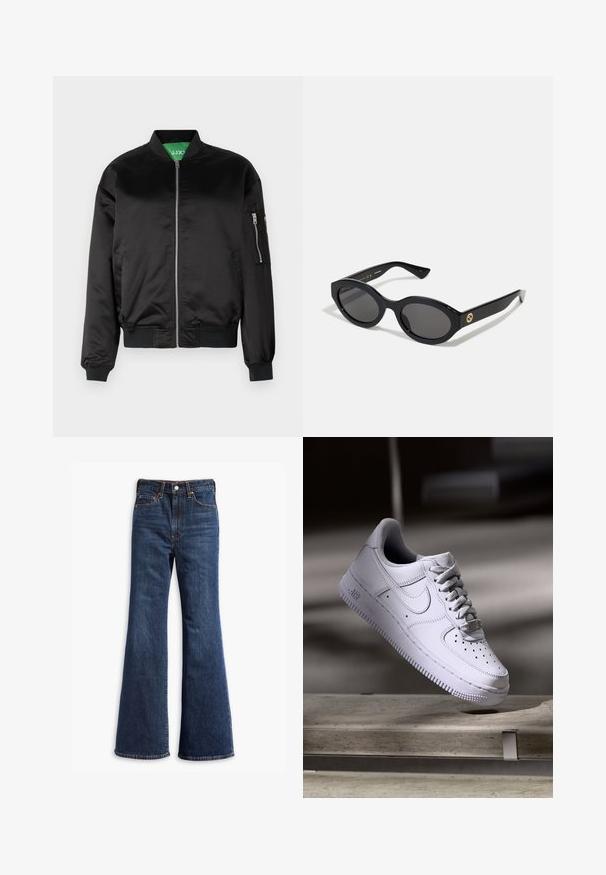 Svart bomberjacka i slät tyg, med en dragkedja fram, ribbade ärmslut och en ficka på vänster ärm. Grön innerfodring.; Svart ärmlös topp med en enda axelrem, med ett flödande, draperat accent och samlad sidstruktur. Tillverkad av ett mjukt tyg.; Höga mörkblå denimjeans med utställda ben, frontknapp och dragkedjestängning samt femficksdesign.; Vit Nike Air Force 1-sneaker som svävar ovanför en betongyta med skuggor i en minimalistisk miljö.; Svarta ovala solglasögon med mörka linser och blank plastbåge. Utrustade med en gyllene logotyp på bågen, vilket ger en snygg och modern design.
