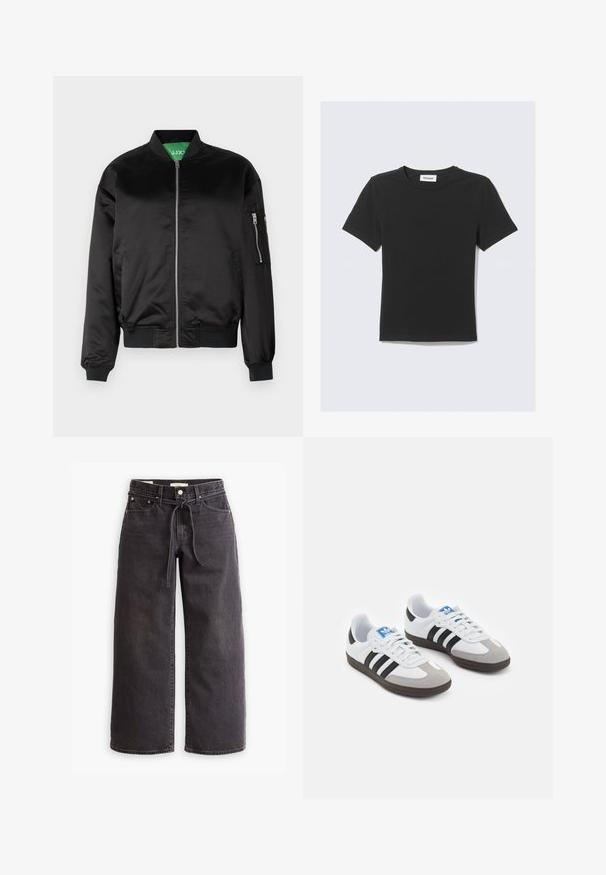 Čierna bomberka vyrobená z hladkej tkaniny, so zipsom na prednej strane, rebrovanými manžetami a vreckom na ľavom rukáve. Zelená podšívka.; Čierne tričko s krátkym rukávom z jemnej bavlny, s okrúhlym výstrihom a klasickým strihom, bez viditeľných vzorov alebo zdobení.; Čierne široké džínsy vyrobené zo denimu, s elastickým pásom na šnúrku, piatimi vreckami a kontrastným prešívaním. Rovný predný dizajn.; Športové topánky s bielym koženým zvrškom, šedou semišovou špičkou a tromi čiernymi pruhmi. Obsahujú modré logo na jazyku a štruktúrovanú gumovú podrážku.
