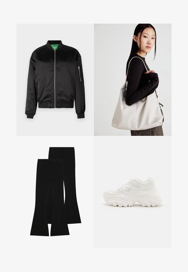 Svart bomberjakke laget av glattsydd stoff, med frontlås, ribbestrikkede mansjetter og en lomme på venstre erme. Grønn innerfòr.; Hvit ermeløs topp med rund hals. Laget av glatt stoff, har den en avslappet passform og minimalistisk design. Ingen mønstre eller detaljer.; Svarte flagrende bukser laget av elastisk stoff, med høy livlinje og en jevn tekstur, samt en tettsittende design som flarer fra kneet.; Hvite klumpete joggesko med en teksturert overflate, mesh-paneler og tykke gummisåler med fremtredende mønster. Snøring og trekkstrop er inkludert.; Beige håndveske laget av mykt materiale, med en slapp design, sydd detaljer og to skulderstropper. Passer for daglig bruk.