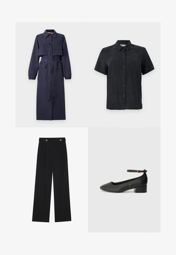 Tmavě modrý trenčkot s límcem, zkrácený top, dlouhé rukávy, přední zapínání na knoflíky, stahovací pás v pase a dvě boční kapsy. Hladká textura.; Krátký rukáv, košilový střih v černé barvě, vyrobený z měkké tkaniny. Obsahuje pět předních knoflíků a malou visačku na boku.; Černé široké kalhoty s vysokým pasem, detailní knoflíky na pase a přední záhyby.; Černé kožené lodičky s špičatou špičkou a nízkým blokovým podpatkem. Obsahují pásek kolem kotníku se zlatou sponou. Hladký povrch.