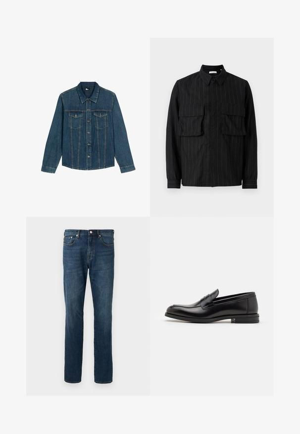 Dunkelblaue Denimjacke mit Kragen, vorderem Knopfverschluss, zwei Brusttaschen und genähten Details entlang der Nähte.; Schwarzes Langarmshirt mit vertikalen Streifen, zwei Brusttaschen, Kragen und Knopfverschluss. Weicher, texturierter Stoff.; Dunkelblaue Denim-Jeans, mit geradem Bein, fünf Taschen, Knopfverschluss, mit subtilen Auswaschungen und Nähdetails. Glatte Textur.; Schwarze Lederloafers mit glatter Textur, rundem Zehenbereich und einem dekorativen Riemen über dem Vorderfuß. Niedriger, gestapelter Absatz, minimalistisches Design.