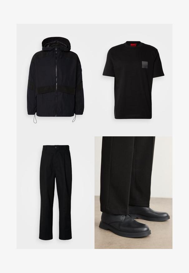 Čierna bunda s kapucňou, vybavená zipsom a kontrastnými matnými textúrami na pleciach a hrudi. Nastaviteľná šnúrka v spodnej časti.; Čierne bavlnené tričko s okrúhlym výstrihom, s textúrovanou čiernou nášivkou s logom na ľavej hrudi. Krátke rukávy a voľný strih.; Čierne nohavice s rovnými nohavicami, s gombíkovým pásom, pútkami na opasok a predným záhybom, vystavené na jednoduchej bielej pozadí.; Čierne kožené topánky s okrúhlou špičkou, plochou podrážkou a minimálnym ozdobením. V kombinácii s jemne strihanými čiernymi nohavicami, ktoré ukazujú hladkú textúru.
