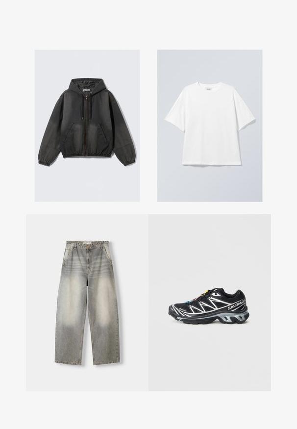 Black casual zip-up hoodie with drawstrings, front pockets, elastic cuffs, and hem, displayed on a plain white background.; White cotton t-shirt with a round neckline and short sleeves. Relaxed fit with no visible patterns or accents. Smooth texture.; Wide-leg jeans in a light gray wash. Features a faded finish, five pockets, and a button closure. Material is soft denim.; Black running shoe with silver accents, GORE-TEX material, textured sole, and colorful laces. Features a cushioned heel for support.