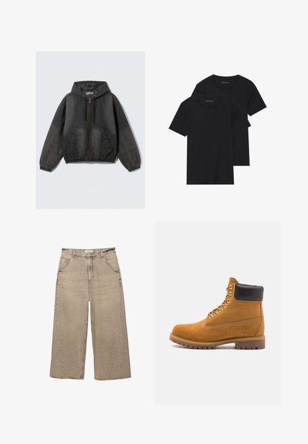 Svart avslappnad zip-up hoodie med dragsko, framfickor, elastiska muddar och nederkant, uppställd på en helt vit bakgrund.; Två svarta bomull t-shirts med korta ärmar, rund halsringning och en mjuk textur, visas staplade tillsammans.; PULL&BEAR MEGA BAGGY - Baggy jeans - light grey; Tan mockasins ankelstövlar med svart vadderad krage, guldmetallöglor, vit sömdekor och slitstöt gummisula med utmärkta mönster.