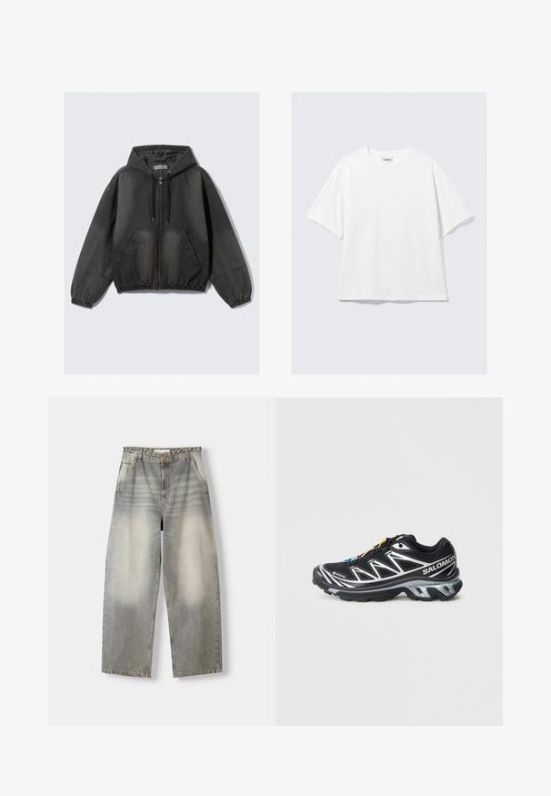 Musta rento vetoketjullinen huppari, jossa on nyörit, etutaskut, joustavat hihansuut ja helma, esillä yksinkertaisella valkoisella taustalla.; Valkoinen lyhythihainen T-paita löysällä istuvuudella, pyöreä kaula-aukko, pehmeä kangas ja minimaalinen ommel yksityiskohta. Ei näkyviä logoja tai kuvioita.; Erittäin leveät farkut vaalean harmaan pesun värissä. Ominaisuuksina haalistunut viimeistely, viisi taskua ja nappikuvitus. Materiaali on pehmeää farkkukuosia.; Musta juoksukenkä, jossa on hopeisia yksityiskohtia, GORE-TEX-materiaalia, teksturoitu pohja ja värikkäät nauhat. Sisältää pehmustetun kantapään tukemiseen.