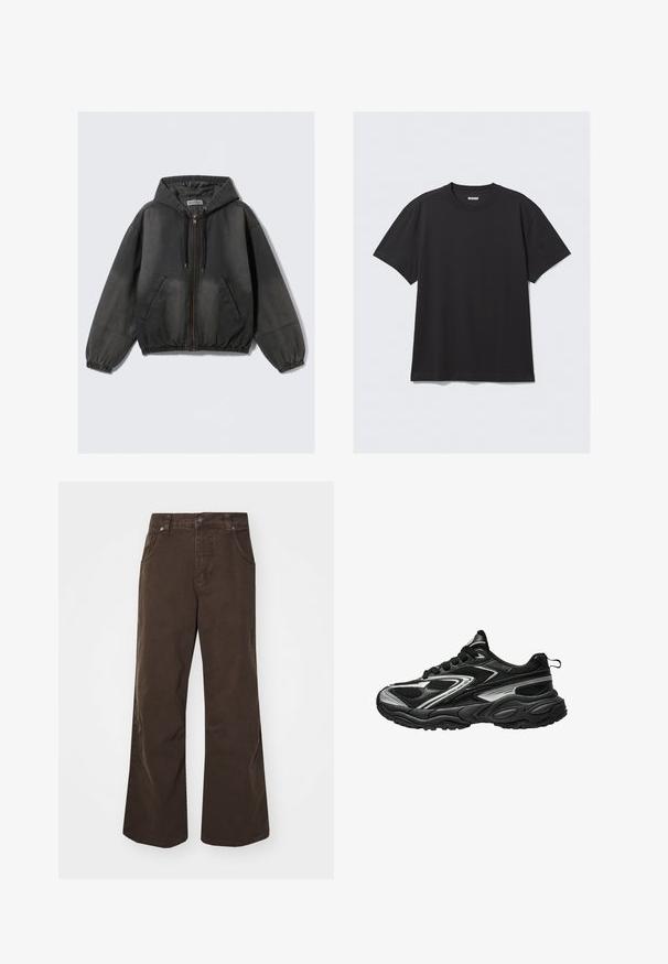 Hanorac casual negru cu fermoar, cu sfoară, buzunare frontale, manșete elastice și tiv, afișat pe un fundal alb simplu.; Tricou negru cu mânecă scurtă, din bumbac. Are un decolteu tip crew și o croială lejeră. Design simplu, fără modele sau accente vizibile.; Pantaloni largi maro din bumbac, cu talie înaltă, buzunare frontale și o textură fină. Detaliile de finisare includ cusături subtile.; Adidași atletici negri și argintii, cu un superior din plasă texturată, un design elegant și o talpă cu amortizare. Prezintă șireturi și un tab de prindere în spate.