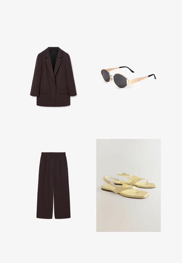 Brun överdimensionerad kavaj med sjalkrag, två framfickor och en slät textur, med en enkelknäppning och avslappnad silhuett.; Vit långärmad skjorta med krage i bomull. Har en knapp-down fram och en enda bröstficka. Slät textur, avslappnad passform.; Mörkbruna vida byxor i lätt tyg, med hög midja, veck och två sidofickor, samt resår i midjan.; Gula platta sandaler med en texturerad konstläderöverdel, tådeldesign och ankelrem med en liten spänne. Fyrkantig tåform, minimalistisk stil.; Guldtonade ovala solglasögon med mörka linser, med en elegant design, tunna skalmar och en svart accent vid templen. Modellnummer L37.; Svart läder tote-väska med ett fyrkantigt handtag, med en texturerad yta och präglad logotyp. Inkluderar en avtagbar rem.