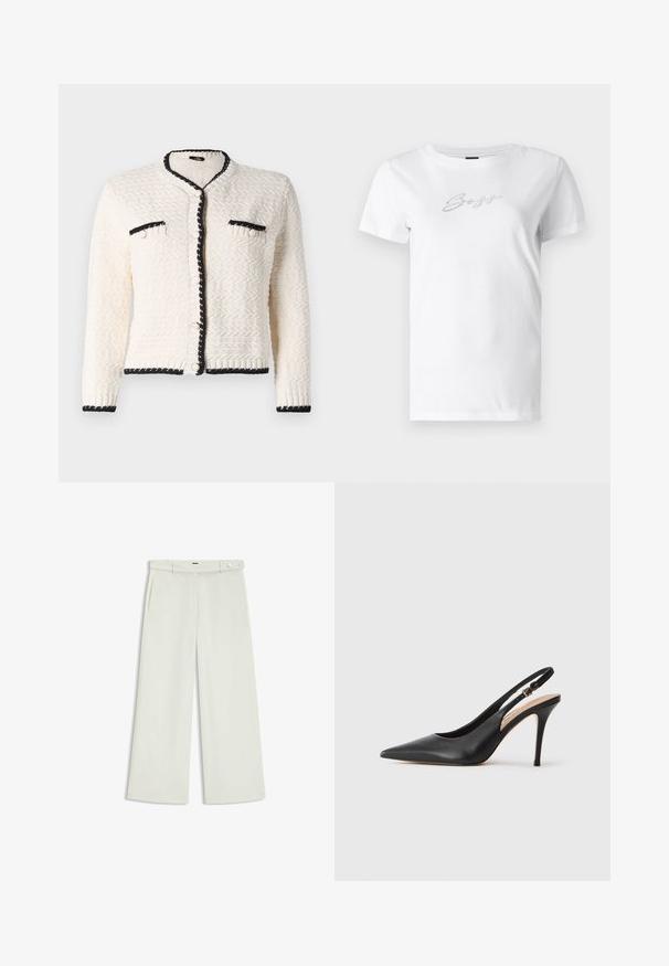 Krämfarbener strukturierter Cardigan mit schwarzem Besatz, runder Ausschnitt, Fronttaschen und Knopfverschluss.; Weißes Baumwoll-T-Shirt mit Rundhalsausschnitt und kurzen Ärmeln, verziert mit silbernen Strasssteinen, die das Wort "Boys" auf der Vorderseite bilden.; Weite Hose aus zartem Creme-Stoff, mit seitlichen Taschen, flatem Bund und einer Knopfverschluss an der Taille. Glatte Textur.; Schwarze Leder-Slingback-Pumps mit spitzer Zehenform, glatter Textur und einem zarten Riemen mit einer metallischen Schnalle.