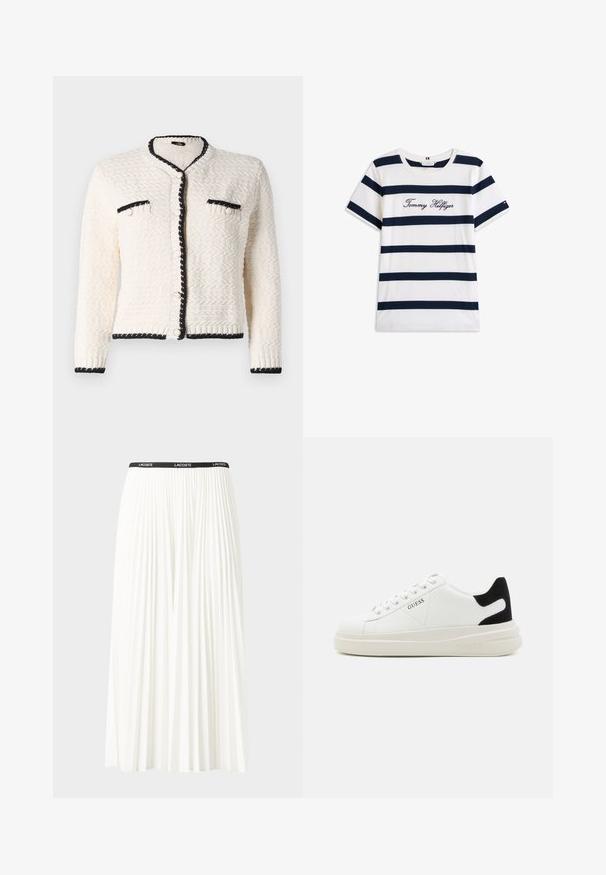 Kremfarget teksturert cardigan med svart kant, med rund hals, frontlommer og knappestilling.; Koftet laget av bomull har horisontale marineblå striper på hvit bakgrunn. "Tommy Hilfiger" brodert i kursiv på brystet. Rund hals.; Plissert hvit skjørt med en svart elastisk midje som har "LACOSTE"-logoen. Midjelengde design med myk tekstur.; Hvite lær sneakers med tykk hvit såle, svart semsket hælforsterkning og preget logo på siden. Snøresystem med seks hull.