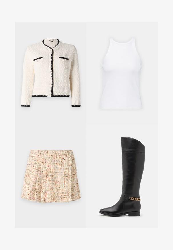 Cremefarvet tekstureret cardigan med sort kant, der har rund halsudskæring, forlommer og knaplukninger.; Hvid ærmeløs tanktop lavet af ribbet stof, med en rund halsudskæring og en tætsiddende silhuet, med minimale sømme og ingen pynt.; Kort, plisseret nederdel lavet af tekstureret materiale i neutrale nuancer med subtile farvesprinkler. Har en frynset kant langs siden.; Høje sorte læderstøvler med et slankt design, spids tå og en guld kædeaccent ved anklen. Lav blokhæl. Glat overflade.