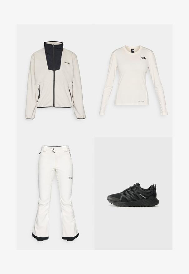 Fleec jakna u krem boji s crnim zatvaračem i prednjim panelom. Ima dva bočna džepa sa zatvaračem i elastične manžete na rukavima.; The North Face SHADOW LONG SLEEVE - Top dugih rukava - white dune; Bijele skijaške hlače izrađene od mekog, fleksibilnog materijala. Imaju uski struk, široke ispružene nogavice i crne obrube na manžetama. Vidljiv brend logo.; Columbia PEAKFREAK - Obuća za pješačenje - black