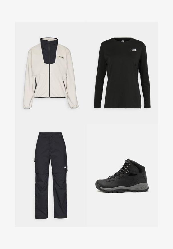 Kreemivärvi fliiskets, millel on must tõmbluku krae ja esipaneel. Omab kahte tõmblukuga küljetaskut ja elastseid mansette varrukatel.; Must mustahiheline T-särk, millel on pikad varrukad, valmistatud puuvillast ja ümarast kaelusest. Vasakul rinnal on väike valge logo. Lihtne disain ja sobivus.; Mustad nailonist valmistatud eemaldatavad cargo-püksid, reguleeritavate pahkluudega, mitmete taskutega ja paremal jalal logoga. Sile, kerge tekstuur.; Mustarjaline matkasaabas, millel on keskmine disain, tekstuuriga ülemine osa, hallid aktsendid ja vastupidav kummist põhi, millel on haardelugesid.