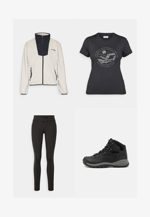 Fleece jacket in cream with a black zip-up collar and front panel. Features two zippered side pockets and elastic cuffs at the sleeves.; Black Columbia t-shirt with white circular mountain and river line art and text "Columbia Sportswear Company Outside Since 1938."; Black leggings with a high waistband, drawstring, smooth texture, and fitted design. Features stitching details along the sides.; Black hiking boot with a mid-top design, featuring a textured upper, gray accents, and durable rubber sole with traction lugs.