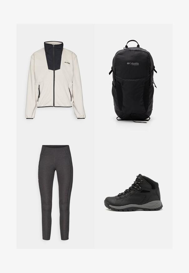 Fleece bunda v krémové barvě s černým zipovým límcem a předním panelem. Obsahuje dvě zipové boční kapsy a elastické manžety na rukávech.; Černé tričko Columbia s bílým kruhovým uměleckým ztvárněním hor a řeky a textem "Columbia Sportswear Company Outside Since 1938."; Vysoké legíny v tmavě šedé barvě, vyrobené z texturované tkaniny. Mají přiléhavý střih a boční kapsy pro uložení.; Černé turistické boty s mírně vyšším střihem, které mají texturovaný svršek, šedé detaily a odolnou gumovou podrážku s trakčními výstupky.; Černý batoh Columbia Titanium s hladkým textilním povrchem, bočními kapsami, horním madlem a nastavitelnými popruhy. Minimalistický design s jemným brandingem.