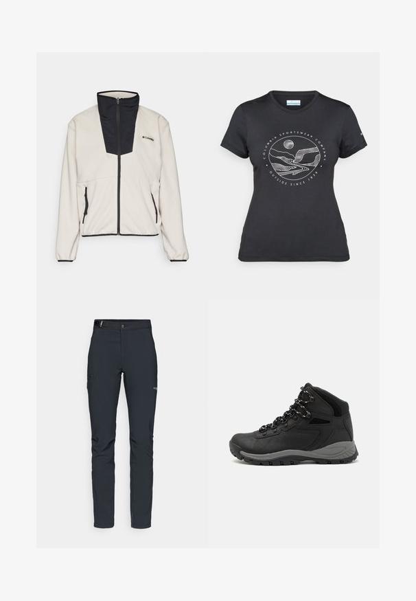 Chaqueta de forro polar en color crema con un cuello con cremallera negra y panel frontal. Cuenta con dos bolsillos laterales con cremallera y puños elásticos en las mangas.; Camiseta negra de Columbia con un arte lineal circular de montaña y río en blanco y el texto "Columbia Sportswear Company Fuera desde 1938."; Pantalones de exterior para hombre, gris oscuro, fabricados con material flexible, con cinturón, bolsillos con cremallera y costuras reforzadas.; Bota de senderismo negra con un diseño de medio caña, que cuenta con una parte superior texturizada, acentos grises y una suela de goma duradera con tacos de tracción.