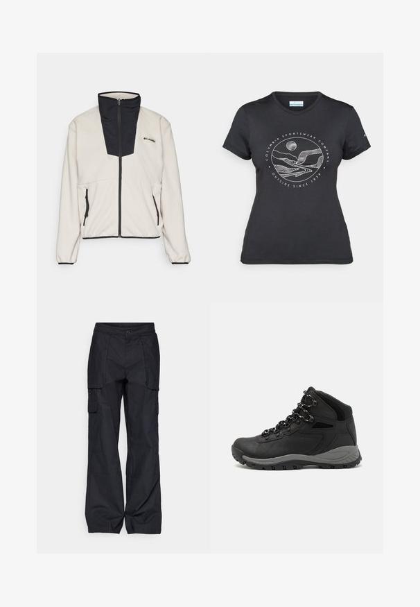 Fleece jacket in cream with a black zip-up collar and front panel. Features two zippered side pockets and elastic cuffs at the sleeves.; Black Columbia t-shirt with white circular mountain and river line art and text "Columbia Sportswear Company Outside Since 1938."; Columbia BREA FALLS™ COTTON RIPSTOP PANT - Outdoor trousers - black; Black hiking boot with a mid-top design, featuring a textured upper, gray accents, and durable rubber sole with traction lugs.