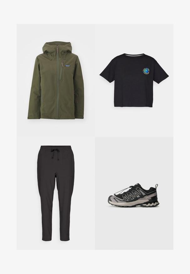 Casaco verde-azeitona, à prova de água, com capuz, dois bolsos frontais com fecho e punhos ajustáveis. Apresenta o logótipo da marca no lado superior esquerdo.; T-shirt preto de algodão com mangas curtas, apresentando um logótipo circular multicolorido no peito. Barra reta e ajuste descontraído.; Calças de jogging pretas com uma cintura elástica, detalhe de cordão e bolsos laterais. Feitas de um tecido leve e suave.; Sapatilha desportiva em preto e cinza com parte superior em malha, sola em borracha e sistema de atacadores elásticos. Apresenta uma biqueira reforçada e detalhes texturizados.