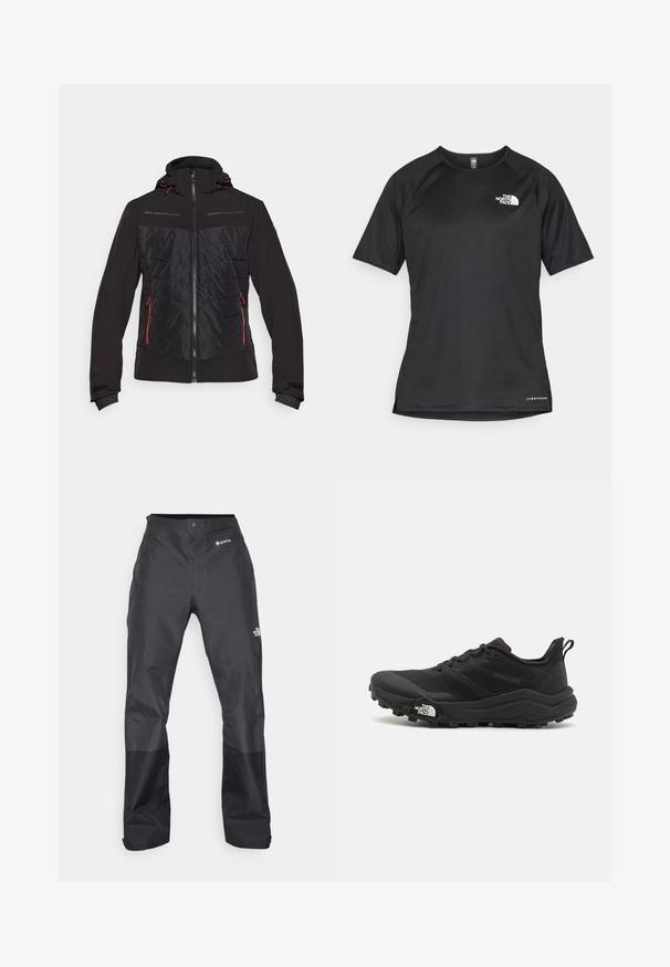 Juodas džemperis su užtrauktuku priekyje, turintis siuvinėtą raštą krūtinėje, raudonos spalvos akcentai ir užtrauktukai. Su gobtuvu.; Juoda trumpa rankovė atletinė marškinė, pagaminta iš tekstūruotos medžiagos, su baltu logotipu kairėje krūtinės pusėje ir tiesiu apdailos kraštu.; Juodos vandeniui atsparios kelnės su lygiu paviršiumi, su GORE-TEX logotipu priekyje ir sustiprintomis apačiomis dėl ilgaamžiškumo.; Juoda bėgimo batai su tekstūruotu paviršiumi, guma padais ir sustiprinta pirštų dalimi. Yra paminkštinta apykaklė ir kilpos, leidžiančios lengvai užsidėti.
