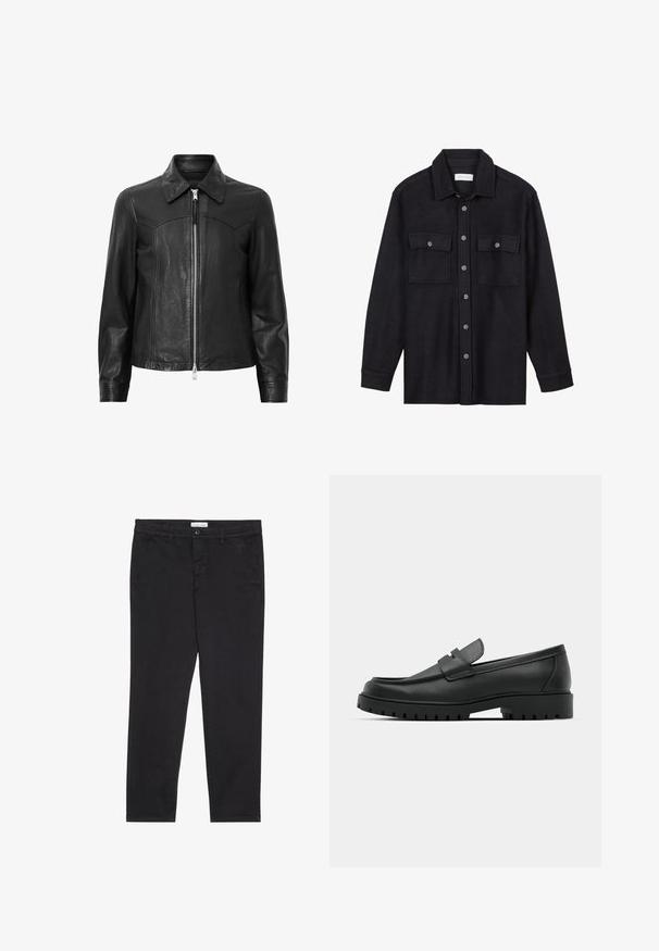 Jachetă din piele neagră cu guler, închidere cu fermoar pe față și mâneci lungi. Prezintă o textură netedă și detalii de cusătură. Design cu croială standard.; Jachetă din lână neagră, cu guler, închidere frontală cu nasturi, două buzunare pe piept și mâneci lungi. Textură moale, fără modele vizibile.; Pantaloni din bumbac negri cu o croială slim, având două buzunare laterale și închidere frontală cu buton. Material texturat cu detalii subtile.; Mocasini din piele neagră cu vârful rotunjit, având un design cusut, talpă joasă și o talpă din cauciuc texturat, cu crampoane.