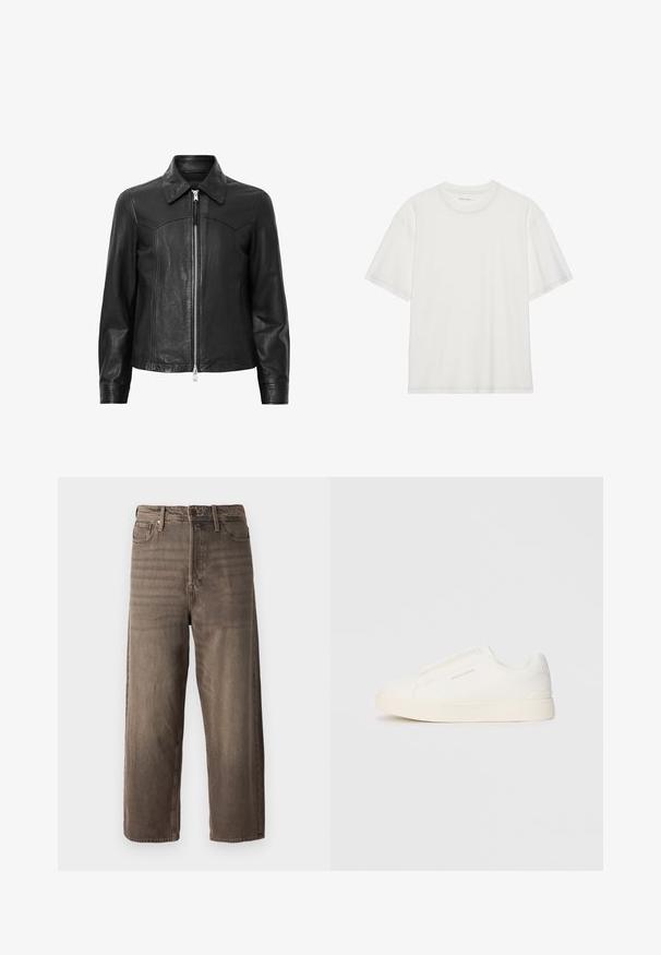 Black leather jacket with a collar, zip front closure, and long sleeves. Features smooth texture and seam detailing. Standard fit design.; White cotton t-shirt with short sleeves, round neck, and contrasting stitching detail around the neckline and sleeves.; Brown wide-leg jeans made from denim. Features a zip fly, belt loops, and five pockets. The fabric shows a faded, textured appearance.; White slip-on sneakers with a textured surface, a thick sole, and minimalistic design. Features brand logo on the side.