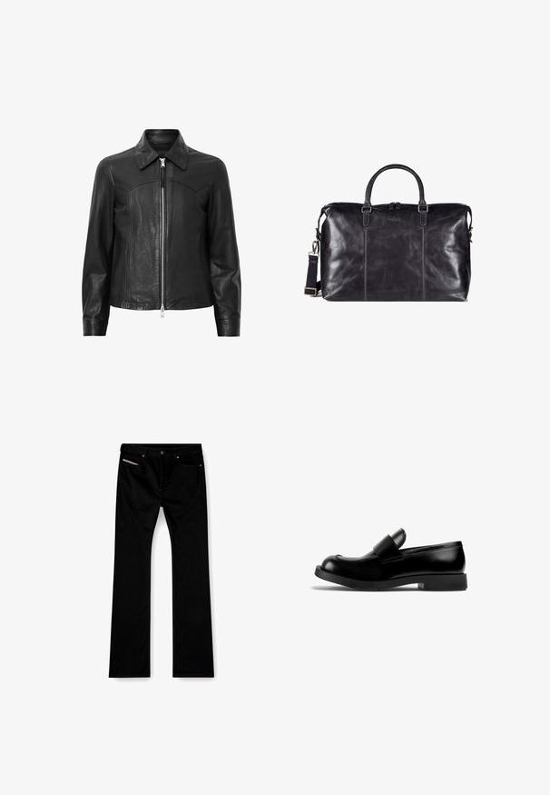 Zwarte leren jas met een kraag, ritsluiting aan de voorkant en lange mouwen. Heeft een gladde textuur en naaddetails. Ontwerp in standaard pasvorm.; Zwarte T-shirt met korte mouwen en ronde hals, gemaakt van gladde stof, met stikdetails en een klein logo-label nabij de zoom.; Zwarte straight-leg jeans met een knoop en ritssluiting aan de voorkant, voor- en achterzakken, en een wit label zichtbaar in de rechter voorzak.; Zwarte leren loafer met een ronde neus, platte rubberen zool en een opvallend strapdetail over de wreef. Gladde textuur, minimalistisch ontwerp.; Zwarte leren sporttas met dubbele handgrepen, verstelbare schouderriem en subtiele stikdetails. Glad texture en ritssluiting.