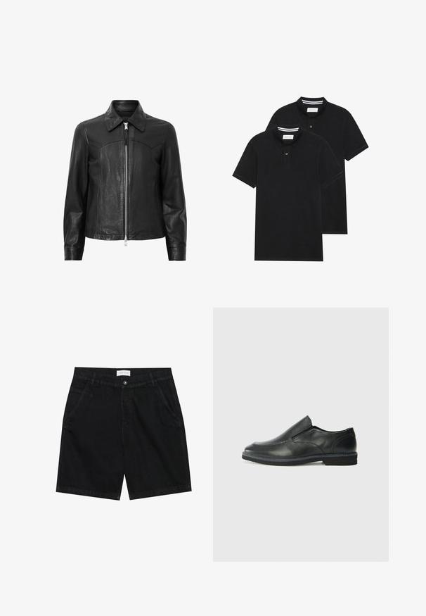 Sort læderjakke med krave, lynlås foran og lange ærmer. Har en glat tekstur og sømdetaljer. Standard pasform.; To sorte polo T-shirts, kortærmede, lavet af bomuldsstof, med en klassisk krave, to-knaps placket og hvide stribede detaljer indeni kraven.; Sorte denim shorts med en klassisk pasform, der har to frontlommer, en knaplukning og et mærke ved taljen. Tekstureret stof.; Sorte læder slip-on sko med en glat overdel, syede detaljer, rund tå og en lav gummihæl. Sålen har minimal profil.