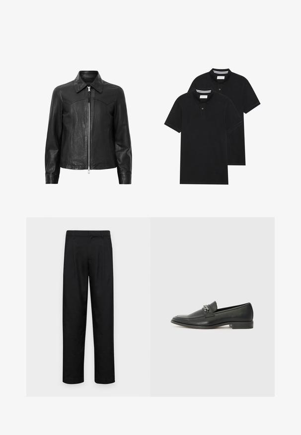 Casaco de couro preto com colarinho, fecho frontal em zíper e mangas longas. Apresenta uma textura suave e detalhes nas costuras. Design de ajuste padrão.; Duas camisetas polo pretas, de manga curta, em material de algodão, com colarinho clássico, abertura com dois botões e detalhes em riscas brancas no interior do colarinho.; Calças pretas feitas de tecido suave, com um design de perna reta, dois pregas frontais e uma cintura padrão com passantes para cinto.; Sapatilha de couro preta com um acabamento suave, apresentando um design cosido e um detalhe decorativo de corrente de metal atravessando o peito do pé. Salto baixo.