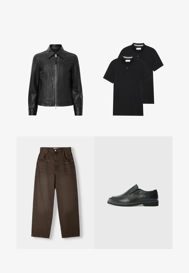 Zwarte leren jas met een kraag, ritsluiting aan de voorkant en lange mouwen. Heeft een gladde textuur en naaddetails. Ontwerp in standaard pasvorm.; Twee zwarte polo shirts, met korte mouwen, van katoen, met een klassieke kraag, een knoopsluiting met twee knopen en witte gestreepte accenten aan de binnenkant van de kraag.; Bruine, hooggewaist spijkerbroeken gemaakt van denim, met twee voorkruiszakken, een knoopsluiting en een rechte pijpdesign. Gladde textuur.; Zwarte leren instapper met een soepele bovenkant, gestikte accenten, ronde neus en een lage rubberen hak. De zool heeft minimale profiel.