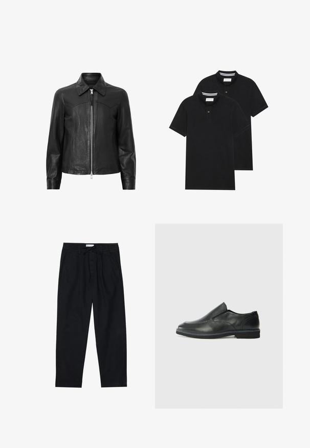 Black leather jacket with a collar, zip front closure, and long sleeves. Features smooth texture and seam detailing. Standard fit design.; Two black polo shirts, short-sleeved, cotton material, featuring a classic collar, two-button placket, and white striped accents inside the collar.; Pier One Chinos - black; Black leather slip-on shoe with a smooth upper, stitched accents, rounded toe, and a low rubber heel. Sole features minimal tread.