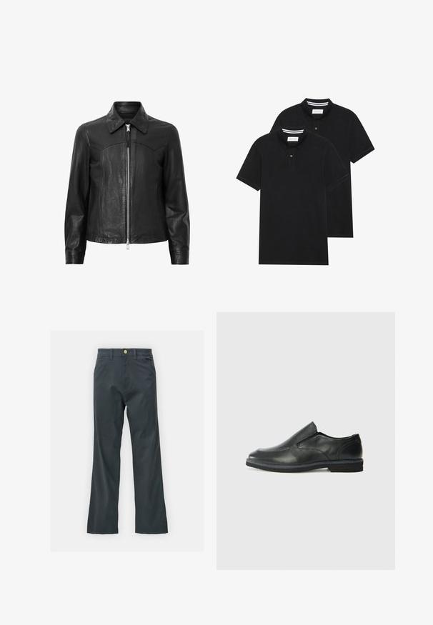 Sort læderjakke med krave, lynlås foran og lange ærmer. Har en glat tekstur og sømdetaljer. Standard pasform.; To sorte polo T-shirts, kortærmede, lavet af bomuldsstof, med en klassisk krave, to-knaps placket og hvide stribede detaljer indeni kraven.; Sorte bukser med lige ben, lavet af en bomuldsblandingsstof. Har en metalknaplukning og sidelommer. Ingen synlige mønstre.; Sorte læder slip-on sko med en glat overdel, syede detaljer, rund tå og en lav gummihæl. Sålen har minimal profil.
