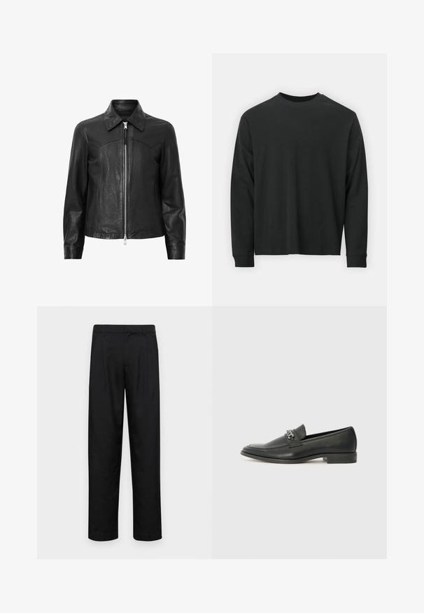 Sort læderjakke med krave, lynlås foran og lange ærmer. Har en glat tekstur og sømdetaljer. Standard pasform.; Langærmet sort T-shirt lavet af bomuld, med rund halsudskæring, løs pasform og ribbede ærmer. Glat tekstur uden synlige mønstre.; Sorte bukser lavet af glat stof, med et lige ben-design, to frontfolder og en standard talje med bæltestropper.; Sorte læder loafers med en glat finish, der har et syet design og et dekorativt metal kædeaccent hen over vamps. Flad hæl.