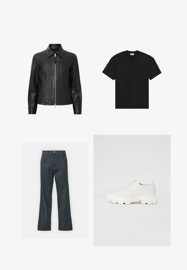 Mustast nahast jope, millel on krae, lukuga esiavaja ja pikad varrukad. Omab siledat tekstuuri ja õmbluste detaile. Tavalise lõikega disain.; Must värviga lühikeste varrukatega t-särk, mis on valmistatud puuvillast. Sellel on klassikaline ümar kaelus ja lõtva istuvus, ilma nähtavate mustrite või aktsentideta.; Mustad püksid sirge säärega, valmistatud puuvillasegistuse kangast. Omavad metallist nööbiga sulgemist ja küljetaskuid. Ilma nähtavate mustriteta.; Valged lillekinnitustega jalatsid sileda tekstuuriga, millel on massiivne, sooneline tall ja minimalistik disain. Peal on diskreetne õmblusdetail.