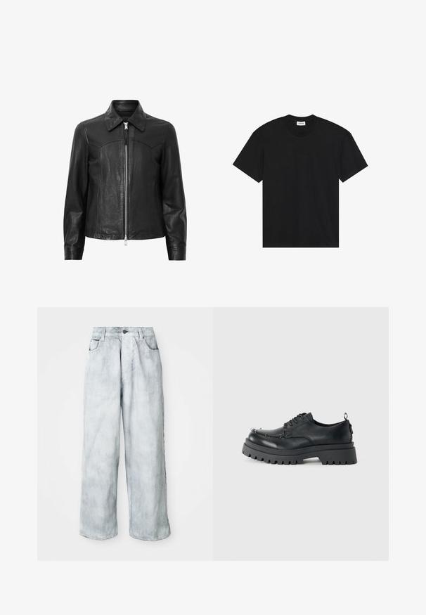 Veste en cuir noir avec un col, fermeture à glissière sur le devant et manches longues. Présente une texture lisse et des détails de couture. Conception à coupe standard.; T-shirt noir à manches courtes en coton. Présente un col rond classique et une coupe décontractée sans motifs ni accents visibles.; Jeans larges en denim délavé avec une taille haute, fermeture par bouton et zip à l'avant, passants de ceinture, ainsi que poches avant et arrière.; Chaussure noire en cuir épais à lacets avec semelle robuste et œillets en métal au niveau des orteils, photographiée sur un fond clair et uni.