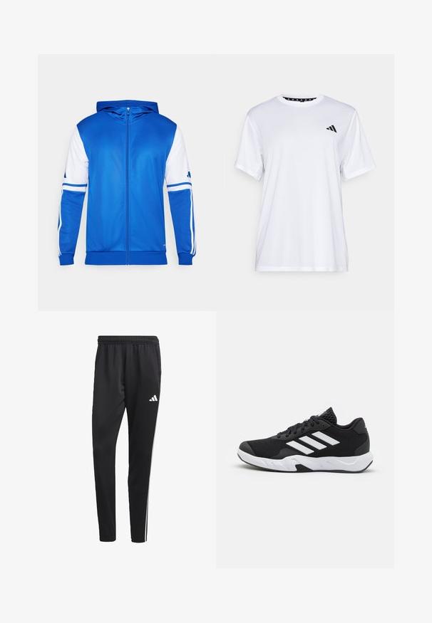 Casaco desportivo azul com fecho éclair e capuz, apresentando detalhes brancos nas mangas e nos ombros, feito de um tecido liso e leve.; Camiseta atlética branca de mangas curtas, feita de tecido que absorve a humidade. Apresenta um logótipo preto no lado esquerdo do peito e um decote interior com padrão.; Calças de treino pretas com um cós elástico, riscas laterais brancas e um pequeno logotipo branco na coxa. Feitas de um material leve e suave.; Tenis negros desportivos com um superior em malha texturizada, riscas brancas de destaque, sola acolchoada e um calcanhar reforçado para suporte.