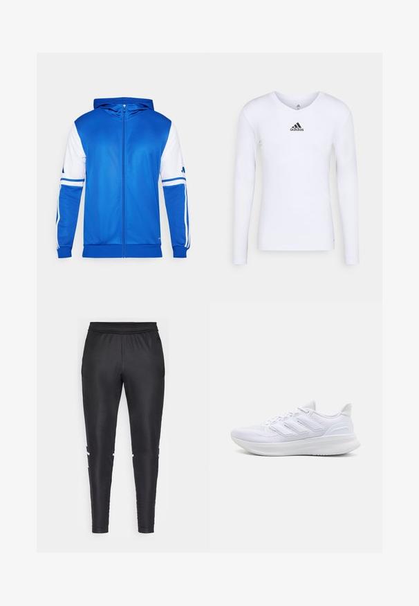 Chaqueta deportiva azul con cremallera y capucha, con detalles en blanco en las mangas y el hombro, hecha de un tejido suave y ligero.; Camiseta deportiva de manga larga blanca, fabricada con material suave, que presenta un logo negro de Adidas en el pecho; diseño de cuello en V y forma ajustada.; Pantalones deportivos negros de tela suave, con un diseño ajustado, cintura elástica y franjas blancas en los lados.; Zapatillas deportivas blancas con una parte superior de malla texturizada, suela acolchada y soporte, y un diseño de tres rayas en el lateral.