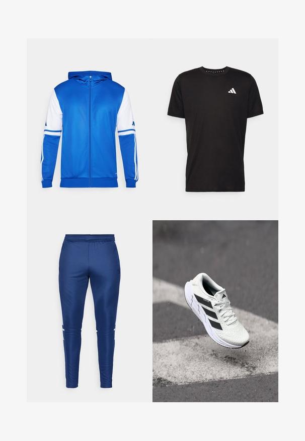 Blue zip-up sports jacket with a hood, featuring white accents on sleeves and shoulder, made of smooth, lightweight fabric.; Black cotton t-shirt with short sleeves, crew neckline, and a white logo on the left chest. Smooth texture and simple design.; Navy athletic pants with a smooth, sleek texture, featuring white side stripes, an elastic waistband, and a tapered leg design.; White athletic shoe with textured mesh upper, black stripes, lace closure, and a cushioned sole, levitating above a marked road surface.