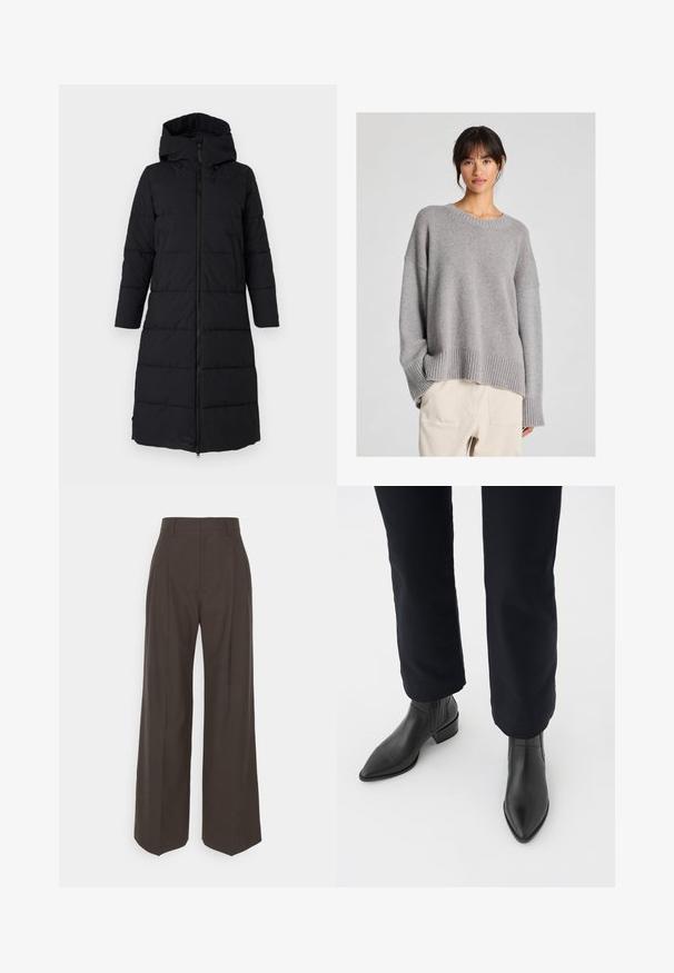 Save the duck MISSY - Zimski kaput - black; Sivi pleteni pulover s opuštenim krojem, okruglim izrezom, rebrastim rukavima i rubom. Mekana tekstura s suptilnim pletenim uzorkom. Upareno s svijetlim hlačama.; Tamno smeđi hlače širokih nogavica s visokim strukom, s uredno peglanim naborima, glatkom teksturom i krojem koji dobro pristaje.; Crne kožne gležnjače s šiljastim vrhom, blok petom i teksturiranim bočnim panelima, nošene s tamnim hlačama na bijeloj pozadini.