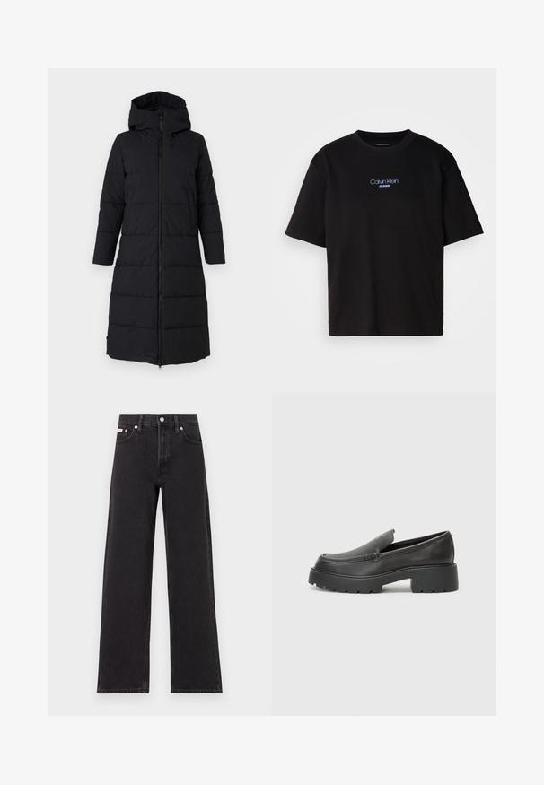 Save the duck MISSY - Žieminis paltas - black; Juodas medvilnės marškinėliai su apykakle, trumpomis rankovėmis ir mėlynai siuvinėtu "Calvin Klein JEANS" logotipu priekyje.; Juodos plačios kojų džinsai, pagaminti iš džinsinio audinio, su aukštu liemeniu, penkių kišenių stiliumi ir metaline sagte su kontrastingo siuvimo detalėmis.; Juodi odiniai loaferiai su apvaliu pirštu, storu tekstūruotu padu ir minimaliu siūlių dekoru. Išskirtinis dizainas be matomų raištelių ar furnitūros.