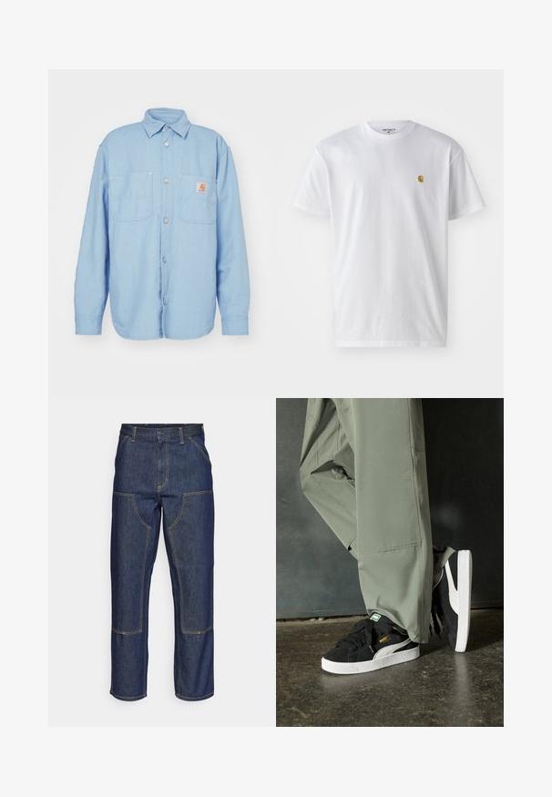 Világoskék gombos ing szőtt anyagból, gallérral, két mellzsebbel és egy kis logófolttal a bal zsebben.; Fehér pamut póló rövid ujjakkal, kerek nyakkal, bal mellel egy kis arany logóval. Puha tapintású és normál fazonú.; Sötétkék farmernadrág, magas derekú, egyenes szárú dizájnnal, kontrasztos varrással és elülső zsebekkel.; Fekete velúr sportcipők fehér gumitalppal és oldalsávokkal, világos zöld cargo nadrággal párosítva, egy textúrált sötét felületen állva.