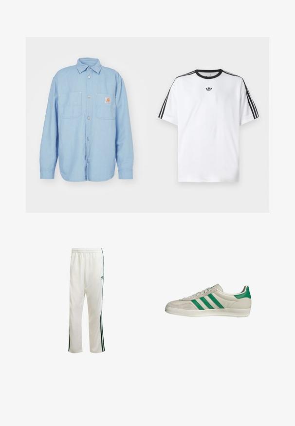 Camicia azzurra chiara con bottoni, realizzata in tessuto intrecciato, con colletto, due tasche sul petto e una piccola etichetta con logo sulla tasca sinistra.; Maglietta bianca in cotone, con scollatura rotonda nera e tre strisce nere su ciascuna spalla. Piccolo logo nero sul petto.; Pantaloni da ginnastica bianchi con strisce verdi sui lati, cintura elastica e un logo sulla parte superiore sinistra. Realizzati in tessuto leggero.; Sneaker beige con strisce verdi, con suola bianca e tomaia in pelle liscia. Vista laterale che evidenzia i dettagli dei lacci e il logo.