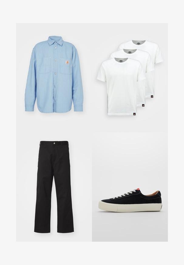 Lichtblauwe button-up overhemd van geweven stof, met een kraag, twee borstzakken en een klein logopatch op de linkse zak.; Drie eenvoudige witte katoenen T-shirts met korte mouwen. Elk shirt heeft een ronde halslijn en een klein zwart logo-label aan de linkerkant.; Zwarte broek van duurzame stof met een rechte pasvorm, voorzien van een knoopsluiting aan de voorkant, riemlussen en zonder zichtbare patronen of accenten.; Zwarte stoffen sneaker met witte veters, beige rubberen zool en rode accent aan de hiel. Rond toe en minimale stikseldetails.