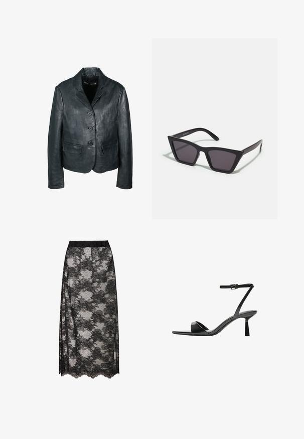 Giacca in pelle nera con un design strutturato, caratterizzata da un collare a punte, quattro bottoni e due tasche frontali. Texture liscia, dettagli minimi.; Maglione a collo alto nero a coste, maniche corte, design aderente, texture morbida, cuciture minime e colletto alto.; Gonna nera in pizzo con orlo scallop, caratterizzata da un motivo floreale e una trama trasparente. Vita elastica per un comfort ottimale.; Bershka Sandali con tacco - black; Occhiali da sole neri e angolari con lenti grigie; realizzati in plastica, con aste spesse dalla superficie liscia e senza hardware visibile.; Borsa a spalla in pelle nera intrecciata con una forma morbida e ampio manico. Caratterizzata da un design testurizzato e intrecciato con una finitura liscia.