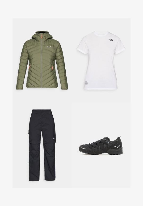 Olive roheline pehme jakk kapuutsiga; omab chevron-õmblusi, esimest tõmblukk-kinnitust ja oranže tõmbluku kinnitusrihmasid. Logo rinnal.; Valge puuvillane T-särk, millel on must logo vasakul rinnal ja hall graafiline disain alumises paremas nurgas. Klassikaline ümar kaelus ja lühikesed varrukad.; Mustad nailonist valmistatud eemaldatavad cargo-püksid, reguleeritavate pahkluudega, mitmete taskutega ja paremal jalal logoga. Sile, kerge tekstuur.; Mustad matkajalatsid tekstuurse kangas ülaosaga, sidumisüsteemiga ja jäiga kummitaldiga. Kaunistatud peegeldavate detailide ja logodega.